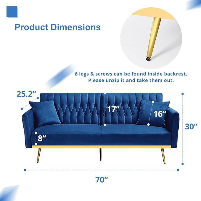 70” Velvet Futon Sofa Bed w/Adjustable Armrests and Backrest, Convertible Futon Couch w/2 Pillows, Modern Sleeper Bed for Living Room, Bedroom, Blue