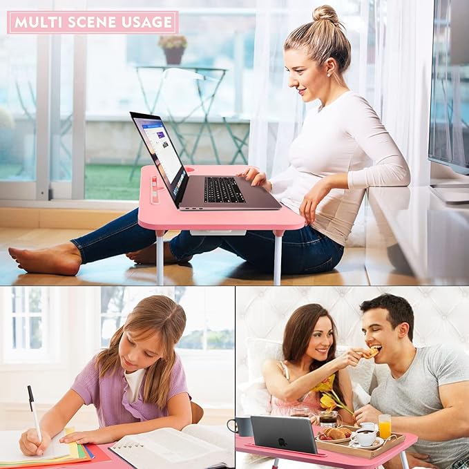 Laptop Bed Table, Foldable Laptop Desk Bed Tray with Storage Drawer, Lap Desk TV Tray for Breakfast Serving, Notebook Stand Reading Holder with Phone Slot and Cup Holder for Sofa Couch Floor-Pink