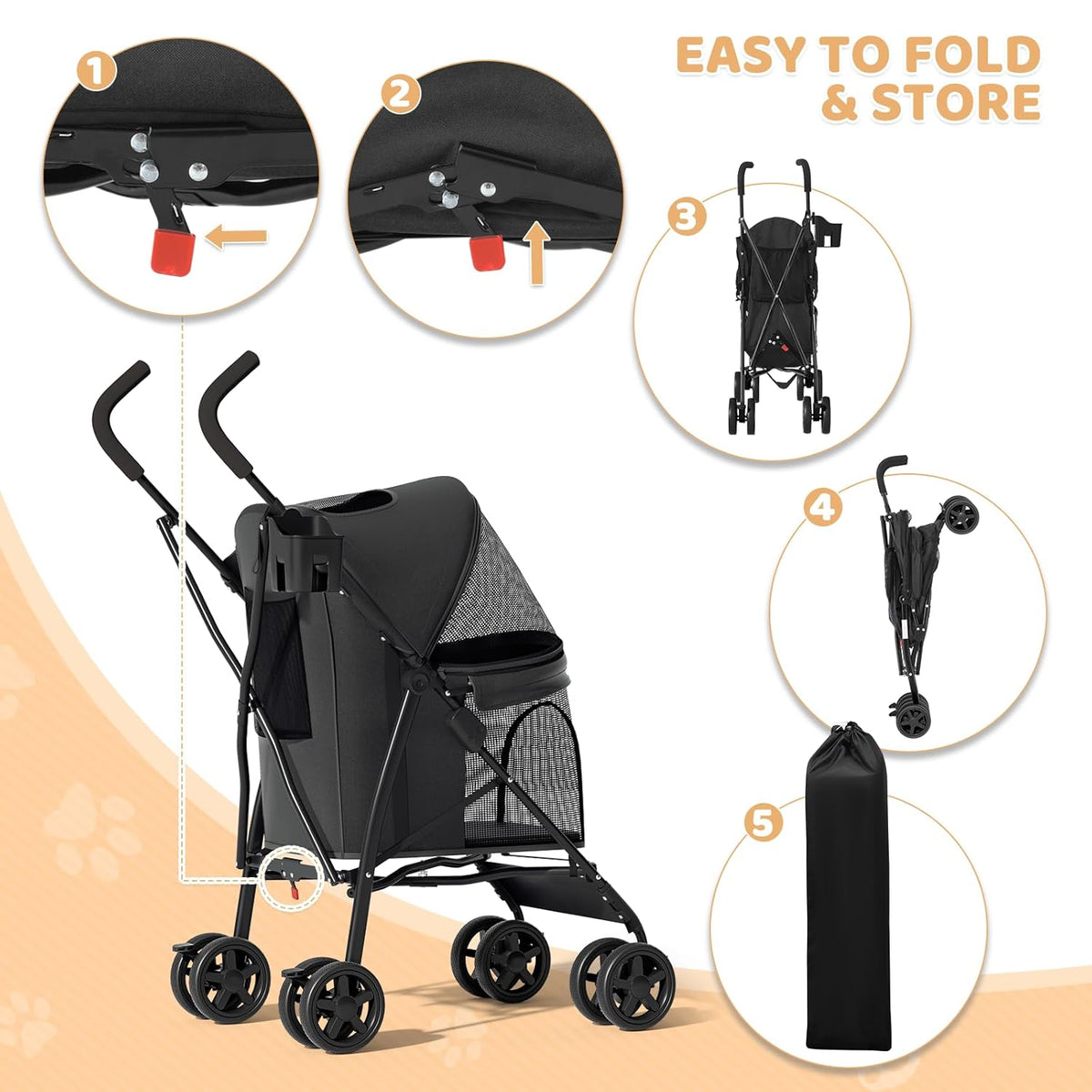 Magshion Compact Pet Stroller for Small-Medium Dogs/Cats up to 22lbs, 4-Wheel Lightweight Umbrella Shaped Portable Puppy Travel Jogger with Breathable Mesh, Cup Holder & Rear Storage, Black