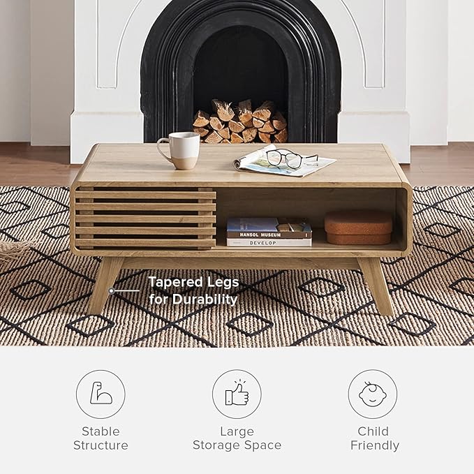 mopio Ensley Coffee Table with Storage, Mid Century Modern, Farmhouse Wood Coffee Table for Living Room Fluted (Oak)
