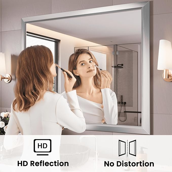 Amorho Bathroom Mirror, 40x38 Inch Silver Thick Metal Framed Wall Mirrors
