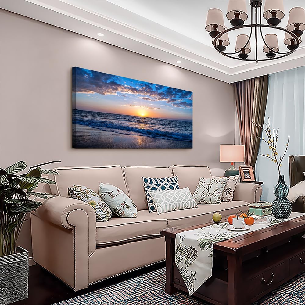 Lapremoly Large Canvas Wall Art For Living Room farmhouse Wall Decor For Office Ocean Wave Wall Paintings Blue Sea Beach Pictures Framed Ready To Hang Bedroom Decor Prints Posters Art 24X48 inch