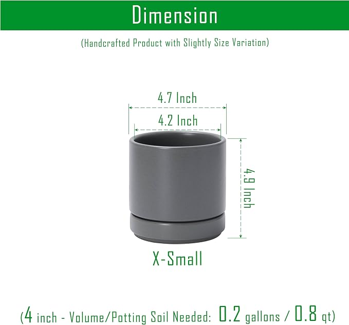 D'vine Dev Set of 2 Plants Pots, 4.7 Inch Ceramic Planter Pot for Plants with Drainage Hole and Saucer, Speckled Grey, 94-V-B-3