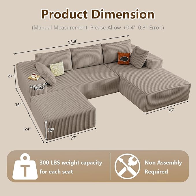 96" U-Shape Cloud Couch, Modern Modular Sectional L-Shape Sofa with Ottoman, Corduroy Upholstered Couches Deep Seat Chaise Longue for Living Room, No Assembly Required(Camel, Right Facing)