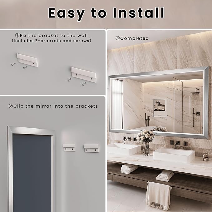 Amorho Bathroom Mirror, 48x40 Inch Silver Thick Metal Framed Wall Mirrors