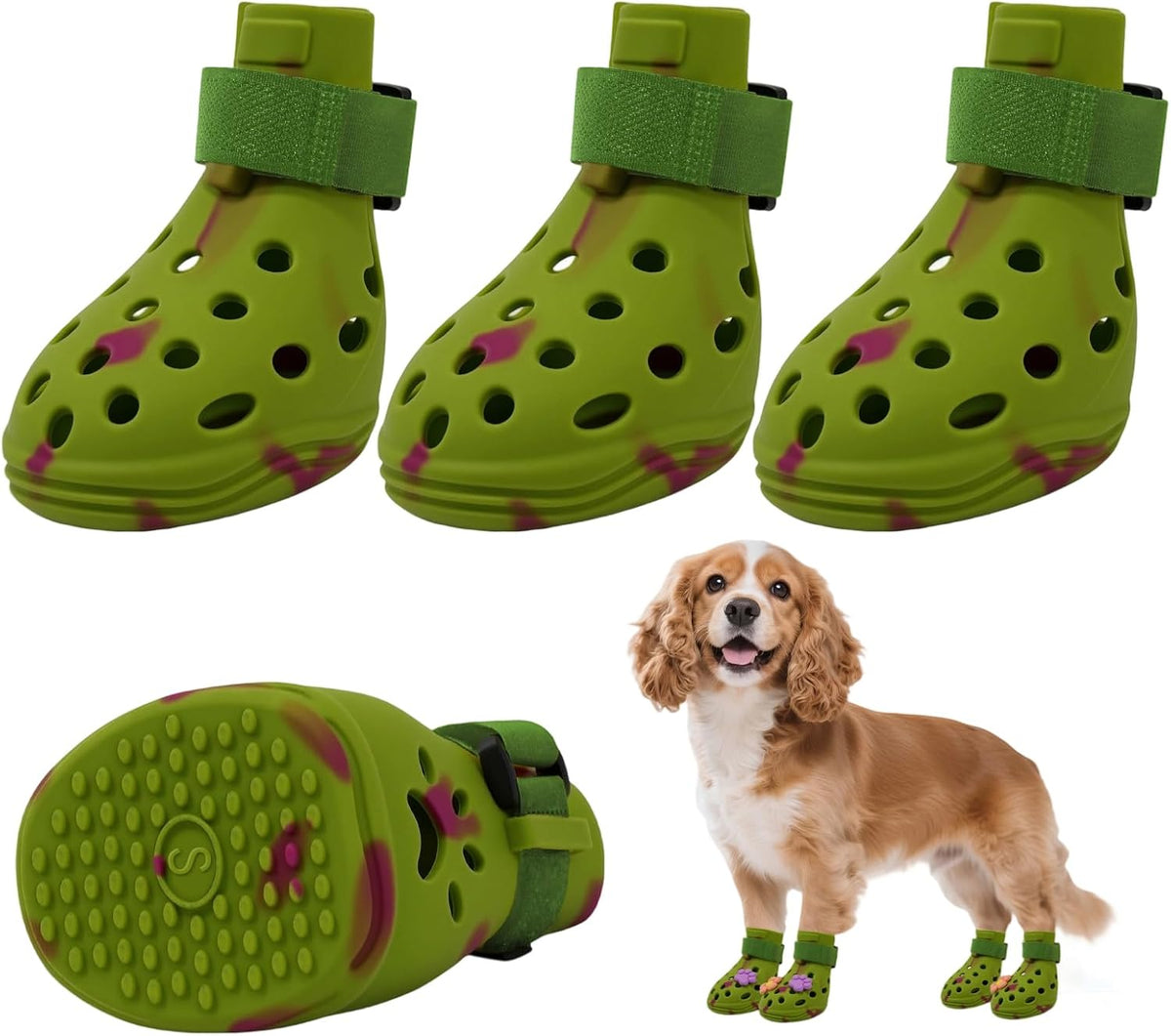 Dog Shoes for Hot Pavement, Adjustable Magic Tape Boots for Small, Medium & Large Dogs, Anti-Slip, Easy to Clean Paw Protectors for Beach, Outdoor & Hot Weather (Green S)