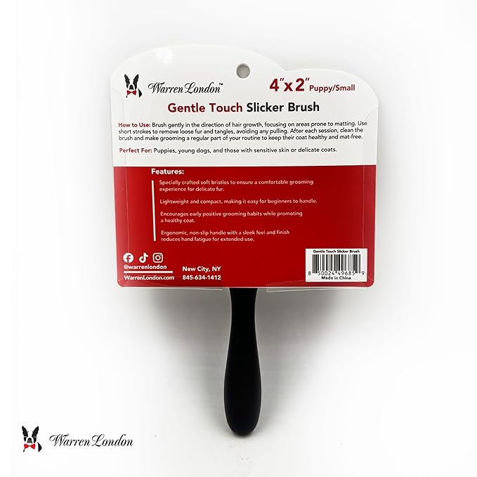 Warren London Gentle Touch Slicker Brush for Puppies & Small Dogs – 4" x 2" Soft Pin Grooming Brush – Tangle Remover for Sensitive Skin – Compact, Lightweight & Easy to Use