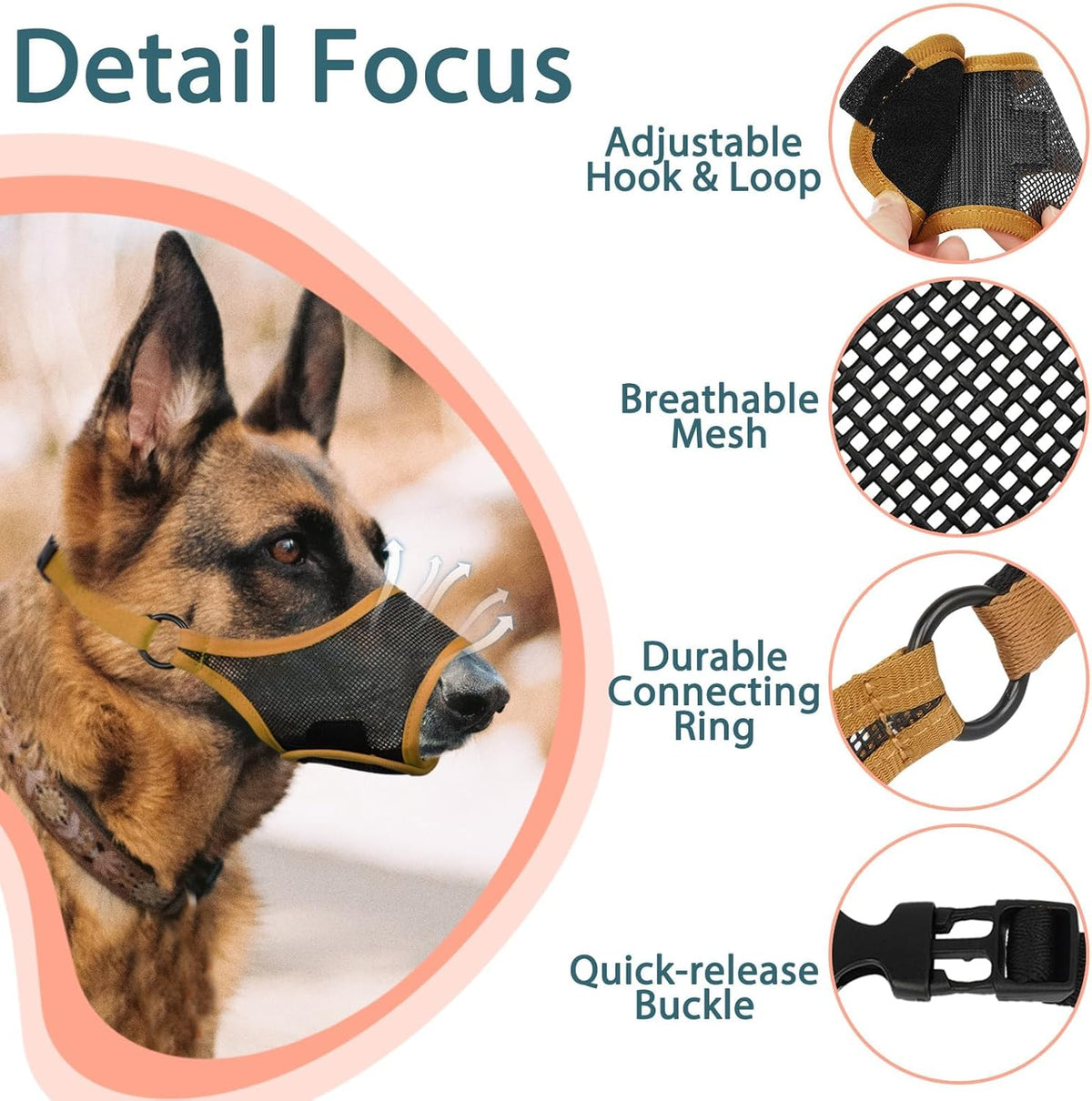 LUCKYPAW Dog Muzzle, Mesh Muzzle for Large Medium Small Dogs, Soft Mouth Guard for Biting Chewing, Breathable Mouth Guard with Adjustable Strap for Training(Brown, M(Snout:8.75"-9.5"))