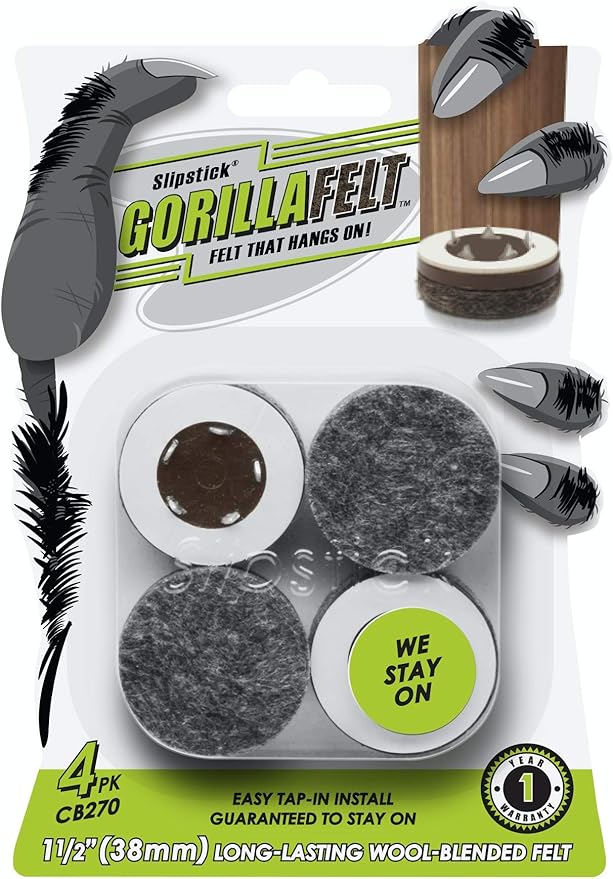 GorillaFelt CB270 Furniture Feet Floor Protectors/Felt Glides (Set of 4) Tap On Felt Furniture Pads Guaranteed to Stay On, 1-1/2 Inch Round Sliders