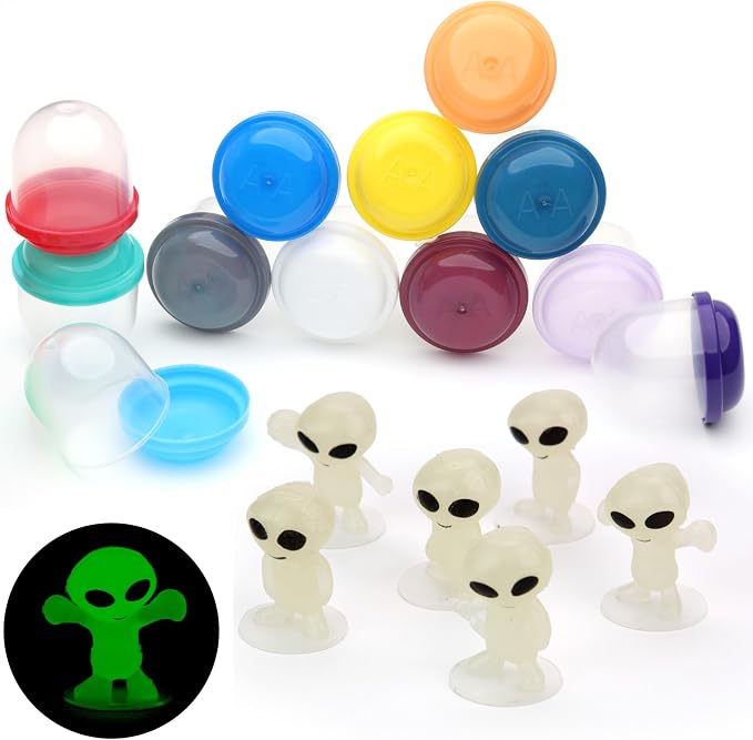Alien Toys in Capsules - 100 Pcs of 1.1 Inch Plastic Capsules & 1 Inch Glow in the Dark Alien Figurines for Kids - Party Favors - Classroom Prizes - Toys Bulk for Vending Machine Refill