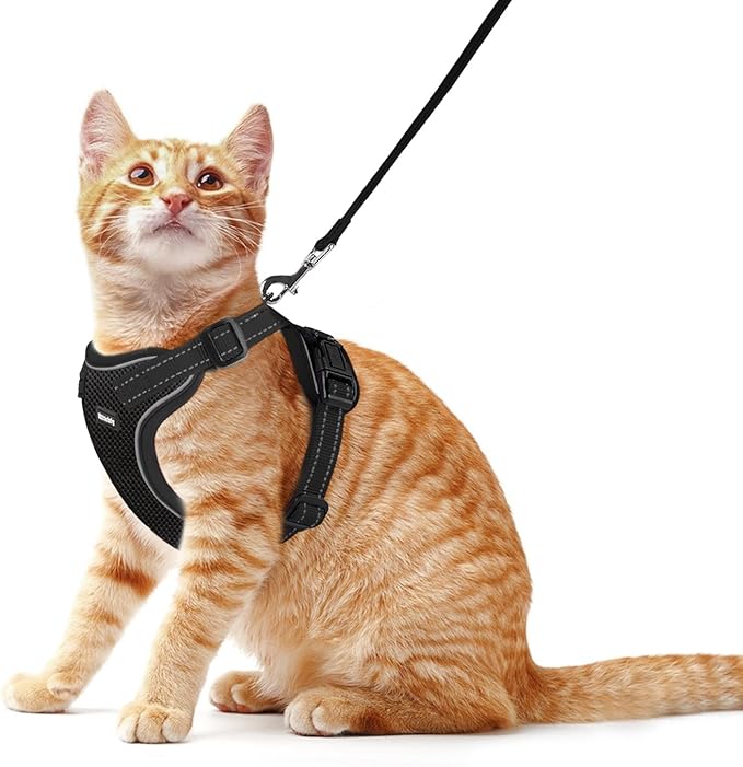 Rttochfy Cat Harness and Leash Set, Adjustable and Reflective Cat Vest, Escape Proof Kitten Harness, Easy to Put on with 3 Buckles for Cats Walking and Traveling (Black, L)