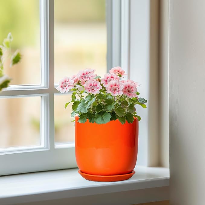 5 Inch Plant Pot - Ceramic Planter for Succulent Cactus Herbs Indoor Plants, Modern Round Flower Pot with Drainage Hole and Saucer, Gifts for Plant Lovers, Patio Office Home Decor, Orange