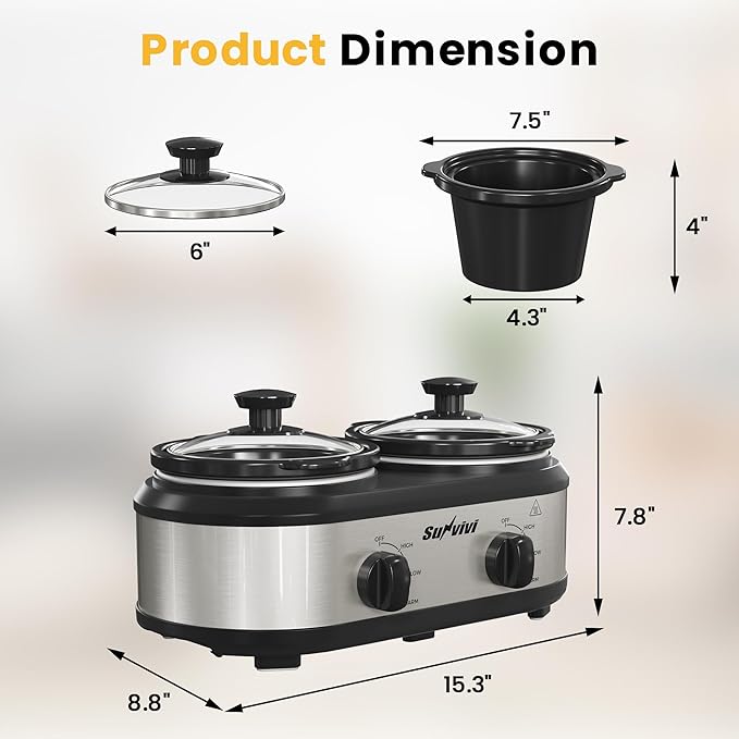 Sunvivi Dual Slow Cooker, Buffet Server and Food Warmer, Small Mini Pot