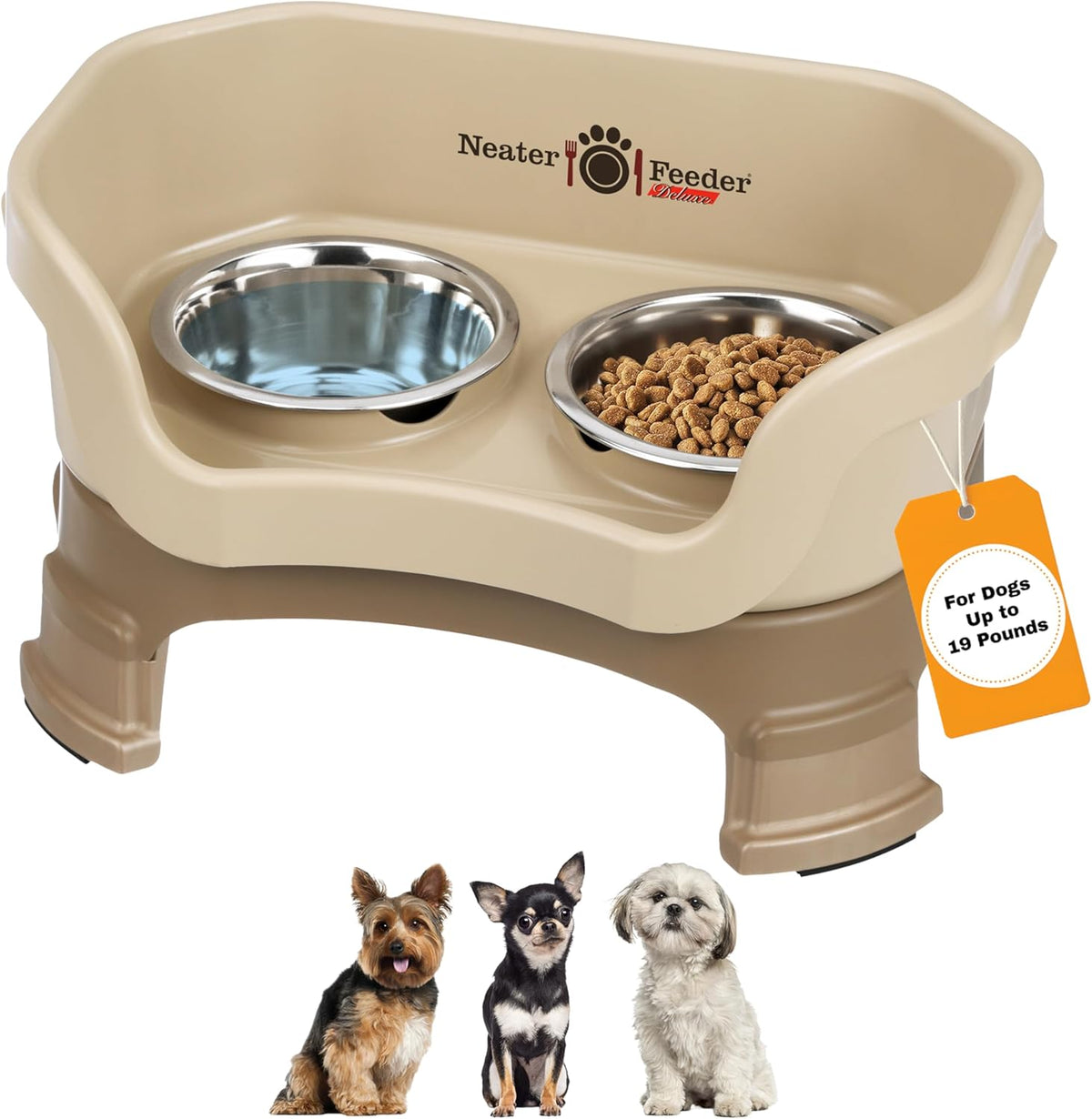 Neater Feeder Deluxe Mess Proof Dog Bowls Elevated for Small Breeds – Made in USA – No Spill Raised Dog Food Bowl Stand w/Leg Extensions – Stainless Steel Dog Food and Water Bowl Set – Beige
