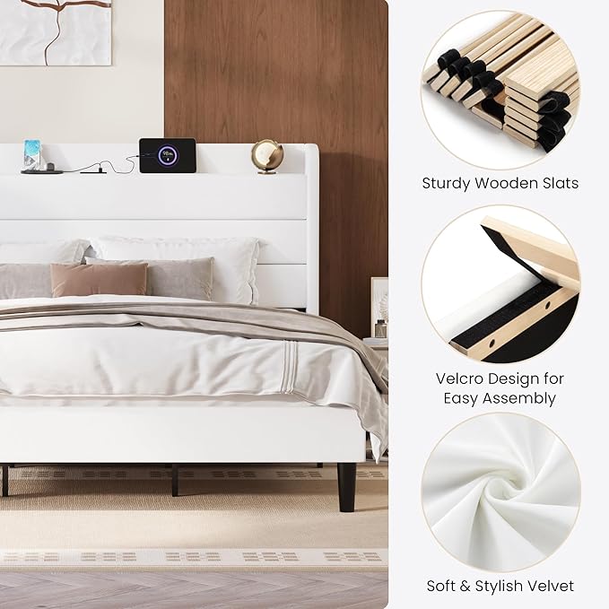 SHA CERLIN King Size Bed Frame with Charging Station, Velvet Upholstered Platform Bed, Wingback Storage Headboard, Type-C & USB Ports, Strong Wooden Slats, No Box Spring Needed, Easy Assembly, White