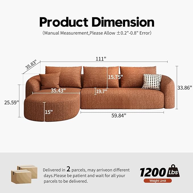 111" Modular Sectional Couches Luxury Modern Curved Back Sofa,Minimalist Comfy L-Shape Boneless Cloud Couch for Living Room Apartment,(Left Facing Chaise,Orange)