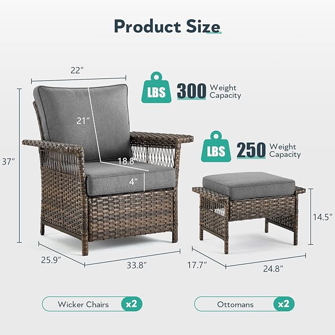 4 Pieces Wicker Patio Furniture Set - Hollow Widen Armrests Comfy Outdoor Rattan Chairs with Ottomans, Small Patio Convention Set for Balcony Porch Deck and Yard - Brown/Gray
