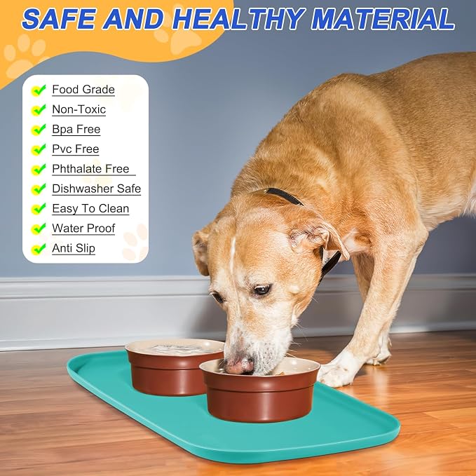 SMILOOL Waterproof Silicone Pet Food Mat with Raised Edge for Dog & Cat | 24" x 16" Non-Slip Pet Feeding Mats with Lip for Food & Water Bowl, Food Grade, Easy Cleaning, Dark Turquoise