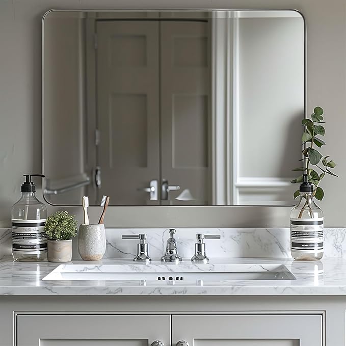 ANDY STAR 30”x40”Chrome Mirror for Bathroom, Rounded Rectangle Bathroom Mirror