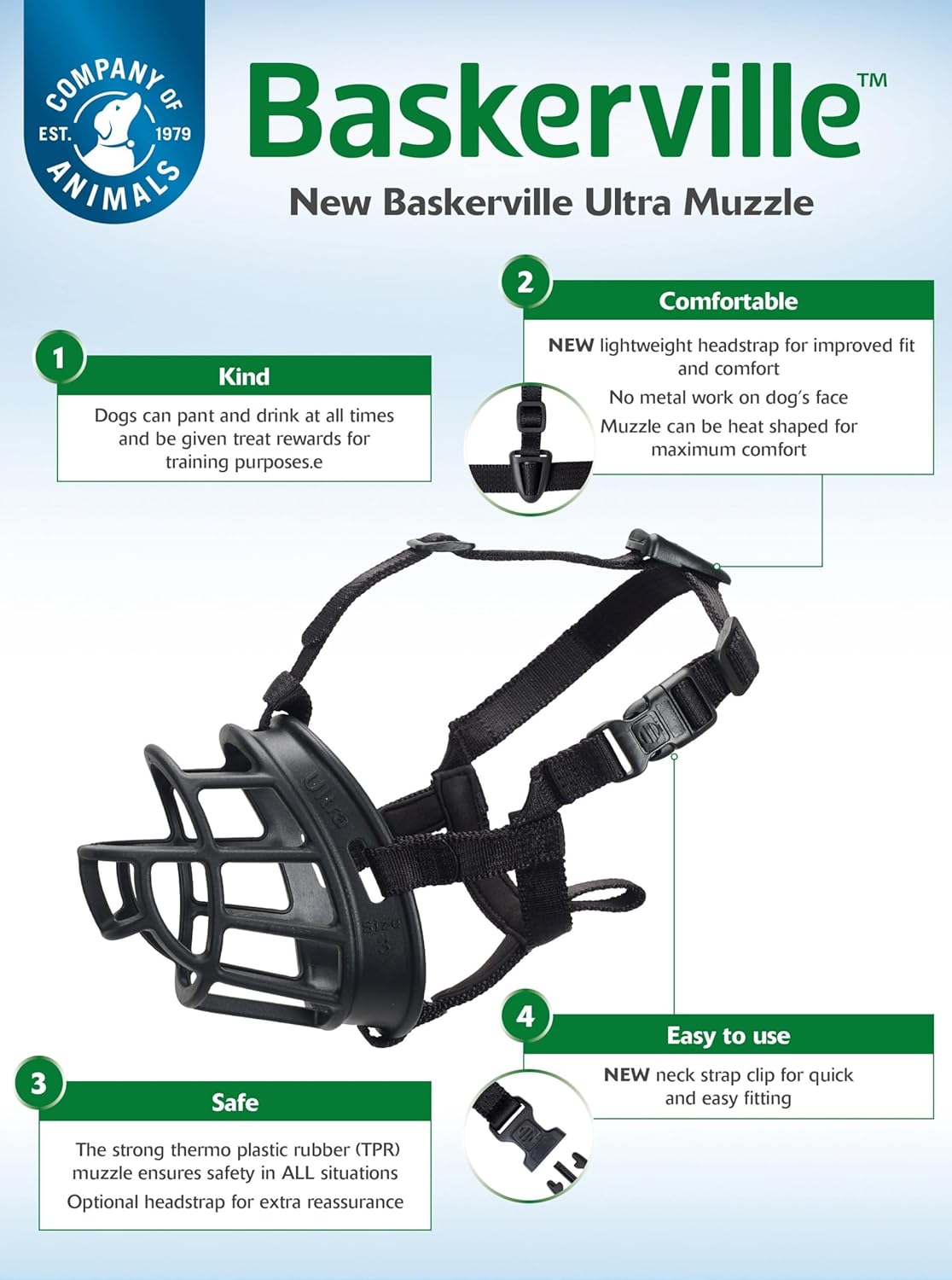 BASKERVILLE ULTRA MUZZLE - Patented Humane Design, Breathable, Dog can Pant and Drink, Adjustable, Padded, Training Muzzle for Medium-sized Dogs, Prevents Biting, Wildlife Scavenging (Size 4, Black)