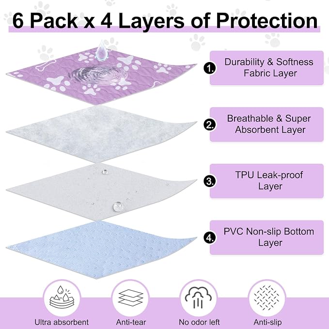 BEAUTYZOO 6 Pack Washable Pee Pads for Dogs,Reusable Puppy Pads 16x24 | Waterproof Super Absorbent,Non Slip and Leak-Proof Against Urine,Whelping Pads Mats for Puppy Potty Training,Playpen,Crate