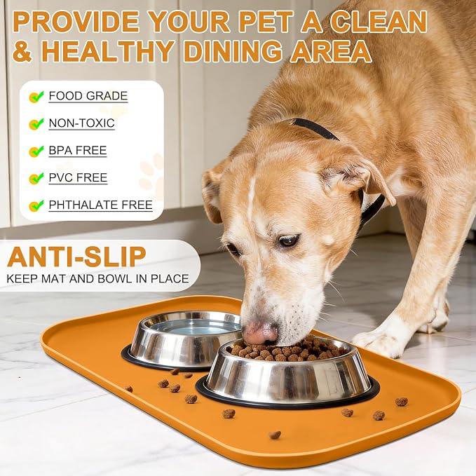 SMILOOL Waterproof Silicone Pet Food Mat with Raised Edge for Dog & Cat | 24" x 16" Non-Slip Pet Feeding Mats with Lip for Food & Water Bowl, Food Grade, Easy Cleaning, Orange