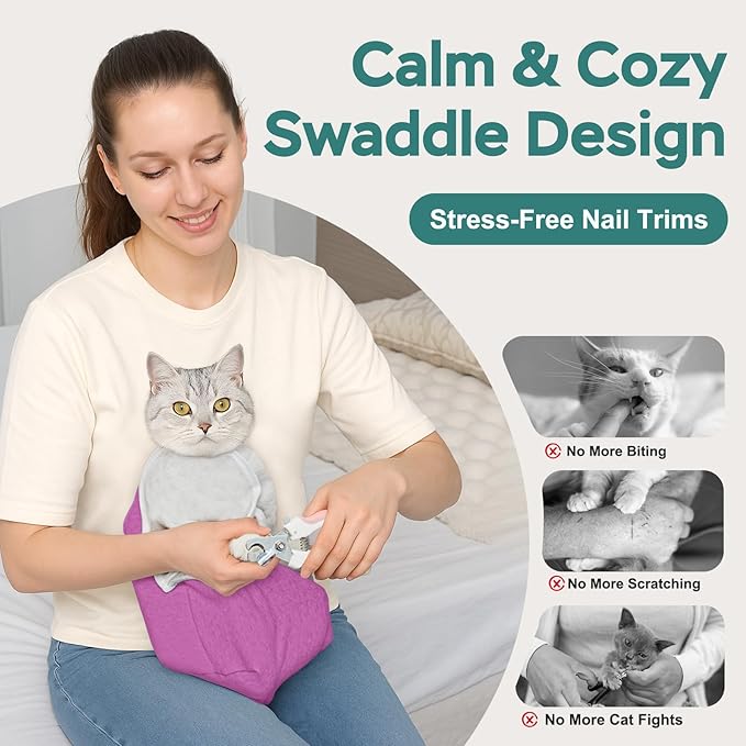 Self-Adhesive Cat Grooming Wrap, Cozy Cat Wrap for Cutting Nails, Breathable Anti-Scratch Cat Swaddle Bag for Brushing, Ear Cleaning, Dental Care, Medication, Injections,Pinkish Purple L
