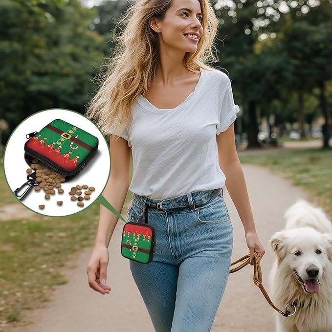 KEIAHUAN Christmas Treat Pouch for Dog Training Portable Pet Training Treat Bag with Metal Clasp & Carabiner, Pet Feed Snack Reward Pocket, Dog Poop Bag Holder, Small Coin Purse, Ugly Xmas Elf