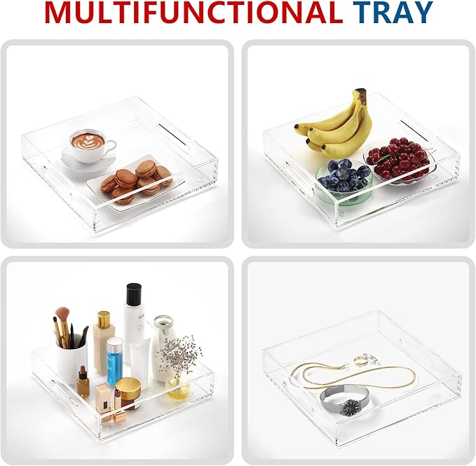 Acrylic Serving Tray with Handles-12x12x2.36Inch-Decorative Tray Letter Tray Organizer for Ottoman Coffee Table Countertop, Clear