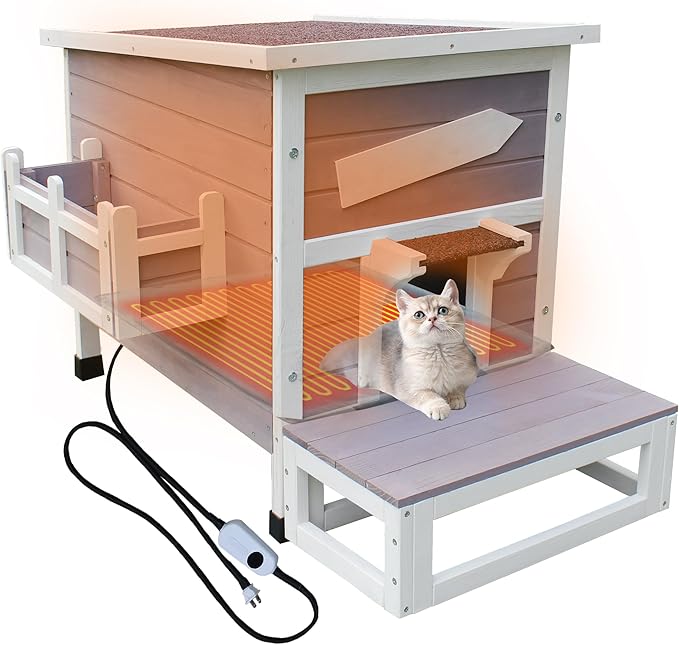 Rockever Heated Cat House for Outside Cats in Winter, Large Heated Cat Houses with Heating Pad, Wooden Outside Cat Shelter Weatherproof with Escape Door