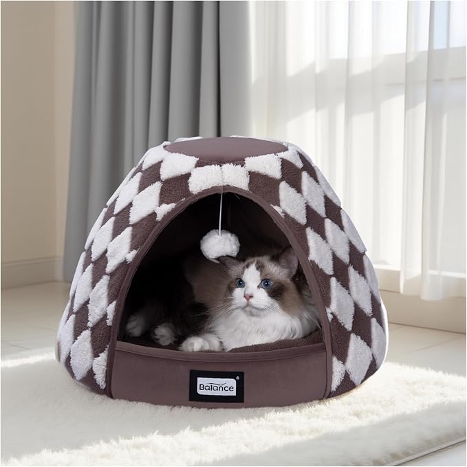 BALANCE Cat Beds for Indoor Cats, 2-in-1 Cat Bed Cave with Anti-Slip Bottom and Ultra-Soft Plush, Cozy Cats House Tent for Kittens and Small Dogs, 19 Inches, Dark Brown