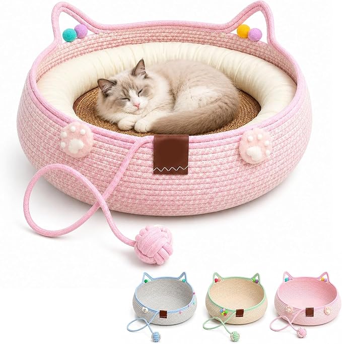 Handwoven Cotton Rope Cat Basket Bed with Hanging Ball Toy (Pink, Large) | cat bed, woven cat basket, kitten bed, small dog bed, cat toy ball, all season pet bed, washable cat cushion