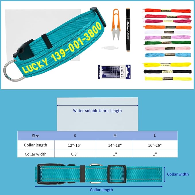 Personalized Embroidered Dog Collar - Custom Hand-Stitched Name & Number, Reflective Adjustable Pet Collar for Small/Medium/Large Dogs & Cats, Durable Nylon with Steel D-Ring (Teal, Large)
