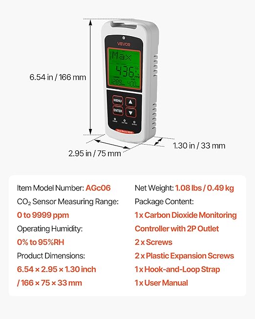 VEVOR Carbon Dioxide Monitoring Controller, Dual Outlets CO2 Monitor &