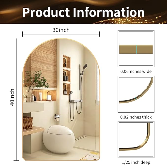 30x40 inch Gold Tempered Glass Large Arched Mirror