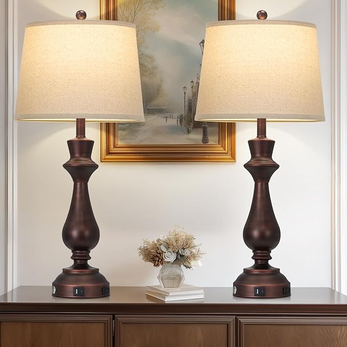Vintage Table Lamps Set of 2 for Living Room,30" Tall Bedside Lamp with USB Charging Port,3-Way Dimmable Touch Nightstand Lamp for Bedroom Desk Side Table Office,Brown