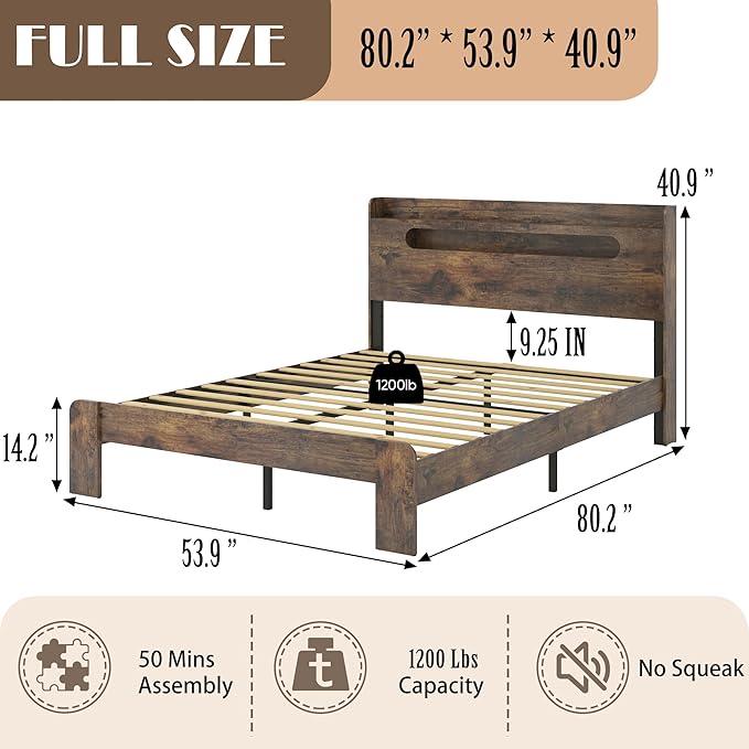 Full Size Wooden Bed Frame, Storage Headboard with Charging Station & Led Lights, Rustic Farmhouse Sturdy Framework Wood Bedframe, Easy Assembly (Brown Led)
