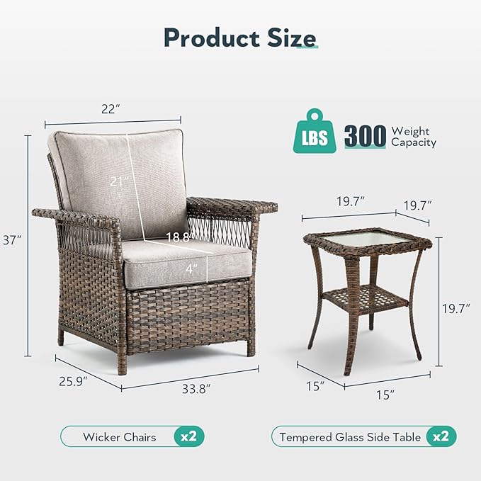 Wicker Outdoor Chairs Set - 3 Pieces Hollow Widen Armrests Patio Furniture Set with Side Table, Comfortable High Back Rattan Chairs for Balcony Porch Deck and Yard - Brown/Beige