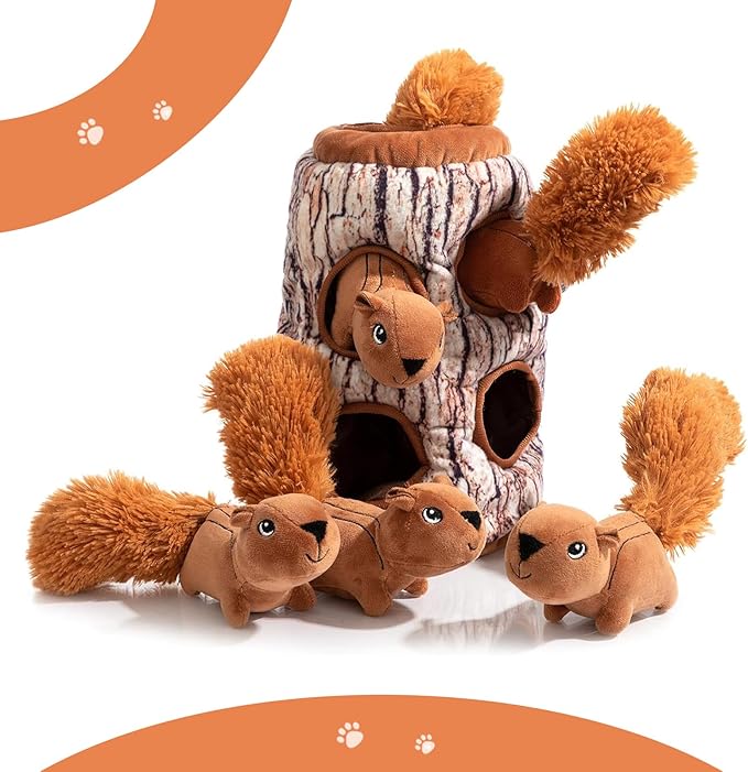 Hollypet Hide and Seek Squeaky Dog Toy, Designed Interactive Puzzle Plush Stuffed Puppy Toy, Squirrel