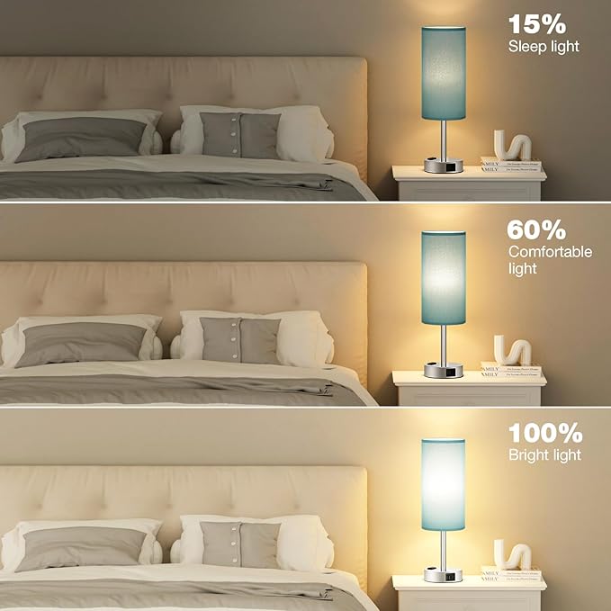 Fenmzee Turquoise Nightstand Table Lamp for Bedroom - 3 Way Dimmable Touch Lamp USB A and C Charging Ports and AC Outlet, Small Lamp for Office Desk with Metal Base, LED Bulb Included