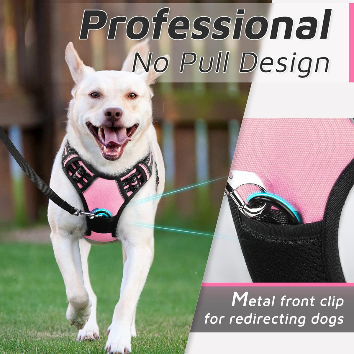 Eagloo Dog Harness Medium Sized Dog, No Pull Service Vest with Reflective Strips and Control Handle, Adjustable and Comfortable for Walking, No Choke Pet Harness with 2 Metal Rings, Pink, M