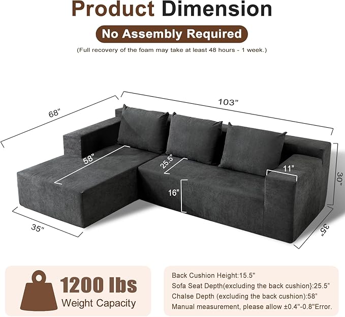 103" Cloud Sectional Sofa, No Assembly Required, Boneless L-Shape Couch with Chaise, Modern Minimalist Modular Couch, Free Combination, Deep Seat, Dark Grey, Left