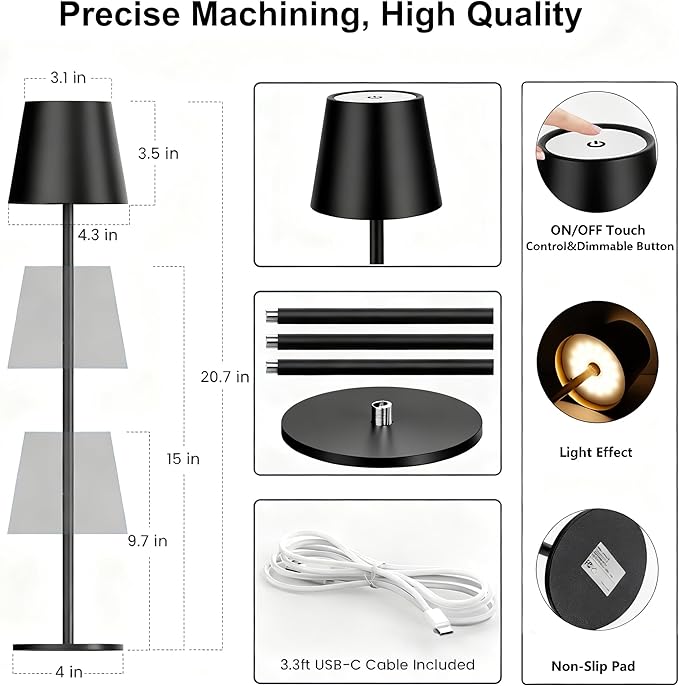 2-Pack Cordless Metal Table Lamp, 3 Adjustable Heights, 5400mAh Rechargeable Battery, 3 Colors Touch Dimming, Waterproof Portable Wireless Desk Lamp for Restaurant, Bedroom, Outdoor Patio