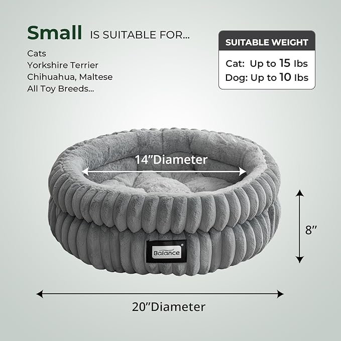 BALANCE Cat Bed Kitten Bed, Washable Round Cat Beds for Indoor Cats, Super Soft Plush Faux Fur Pet Bed for Puppy and Kitten with Anti-Slip Bottom