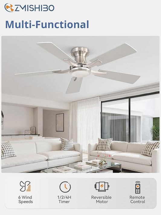 ZMISHIBO 42 Inch Ceiling Fan No Light, Flush Mount Low Profile, Modern Nickel