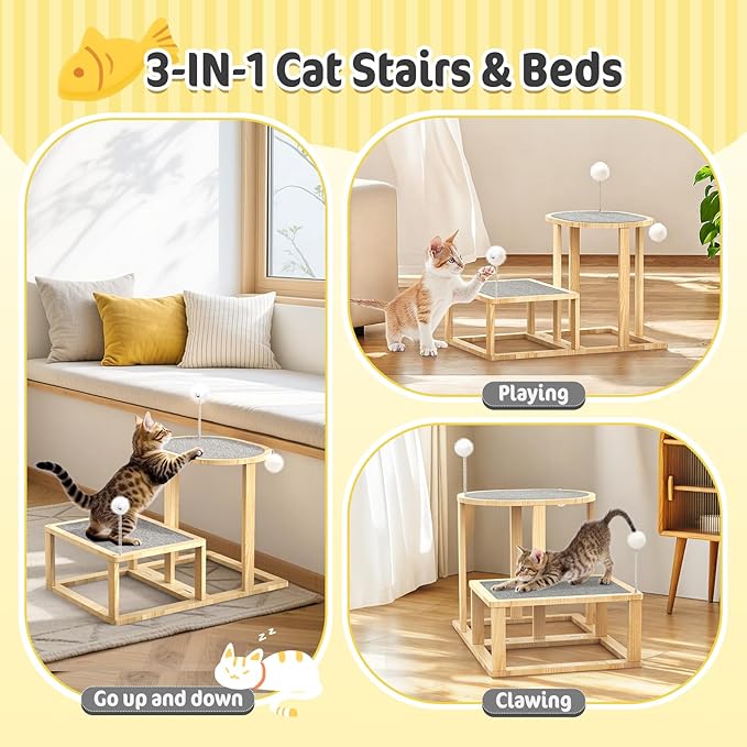 Pawaboo Cat Beds and Stairs, 2-Step Kitten Scratcher Hammock Bed with Cat Teasers & Hanging Ball, Wooden Kitties Hammock Staircase for High Beds Couch,Stair Shaped Cats Bed for Indoor Climbing Playing