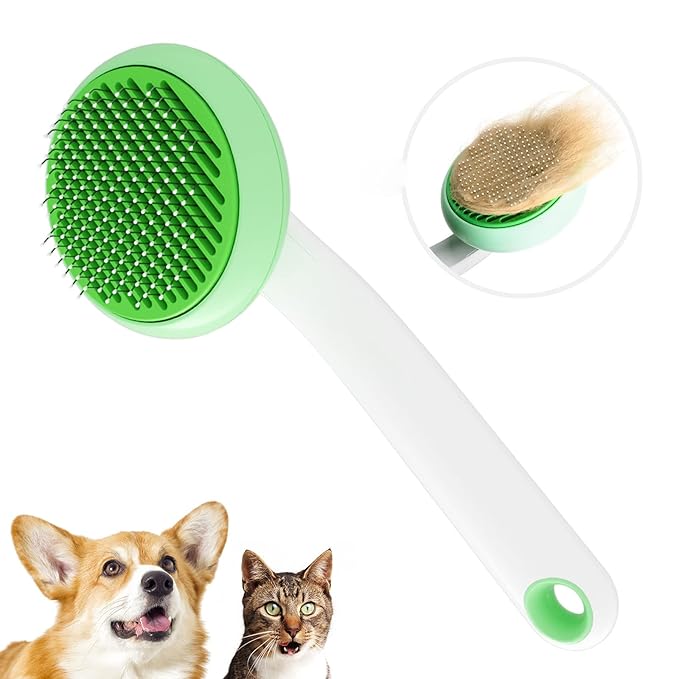 Self-Cleaning Cat Brush for Shedding & Pet Grooming - Effortlessly Removes Tangles, Loose Undercoat, and Mats for Cats & Dogs (Green)