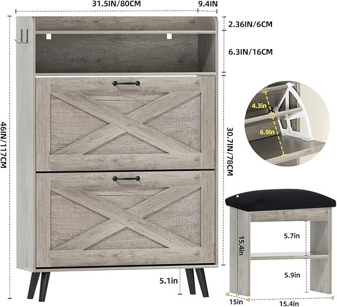 EOYUTLLY Shoe Cabinet with Bench, Shoe Organizer Cabinet with 2 Flip Drawers &
