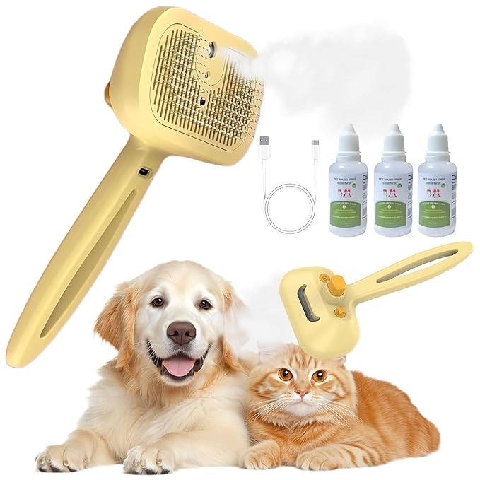 Indoor Cat Steam Brush, Rechargeable Self-Cleaning Four in One Anti-Static Steam Pet Brush, Used for Combing and Massaging Loose Fallen Pet Hair, Suitable for Long and Short Haired Dog Steam Brushes