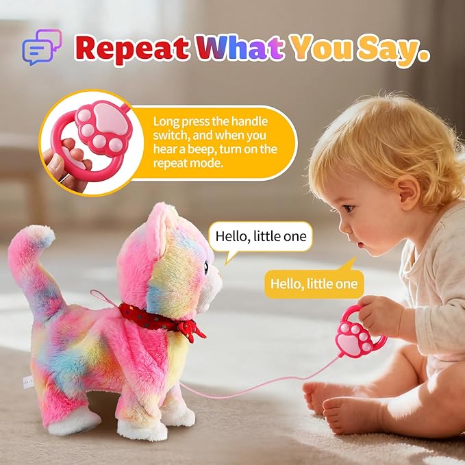Colorful Leash Walking Cat Set Interactive Talking Cat Singing Dancing Kitten Mimicking Repeat What You Say Kitty Touch and Voice Control Nodding Wagging Tail Plush Electric Kitty for Kid Gril